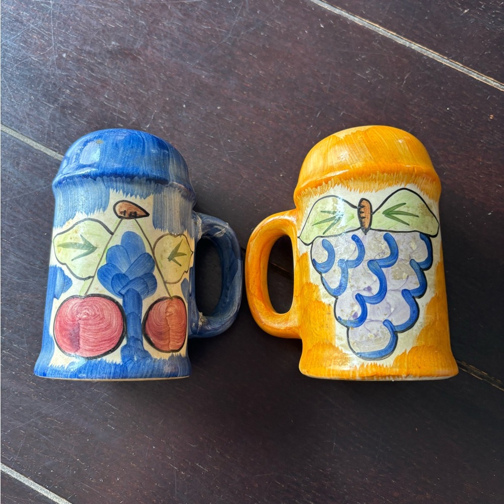 Guyroc blue orange hand painted ceramic salt pepper shaker mug grapes cherry